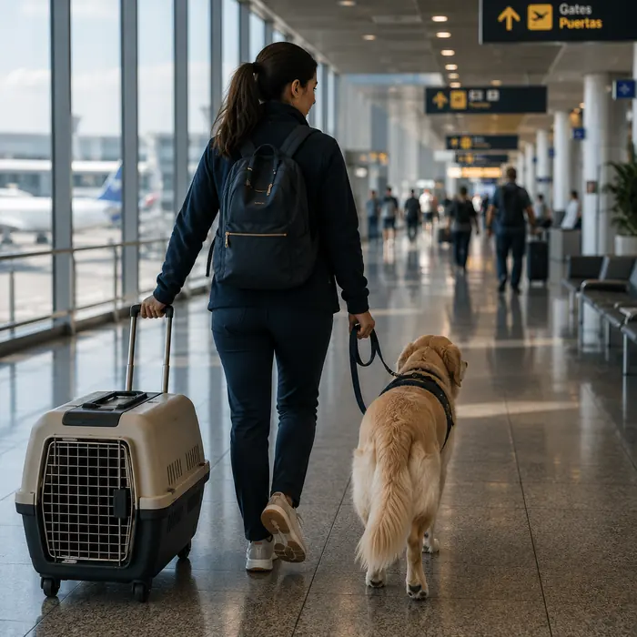 Professional accompanied pet travel through an international airport