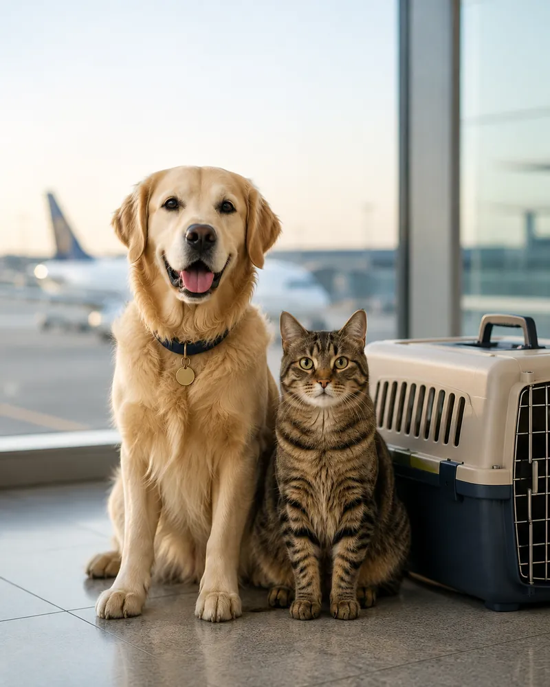 Dog and cat prepared for an accompanied international journey